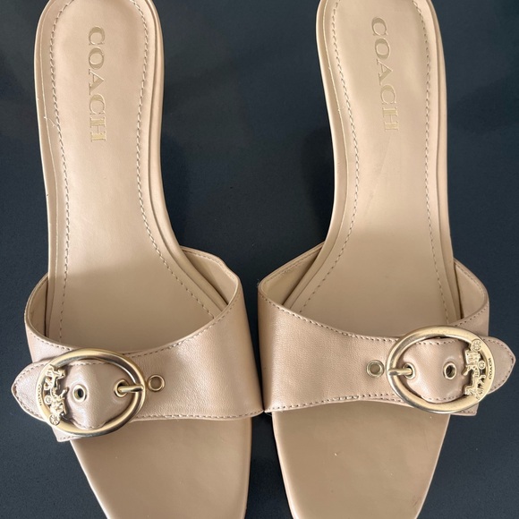 Coach Shoes - Coach Nude Leather Slide Sandals with Gold Buckle